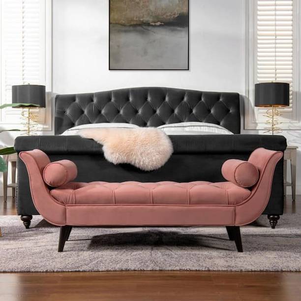 TFS Luxury flared Arm Tufted Bench with two round bolster pillow Solid Wood Settee