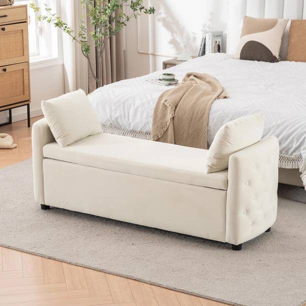 Wu Dtimber Upholstered Bedroom End-of-Bed Bench with Hidden Storage & Cushions Engineered Wood Settee