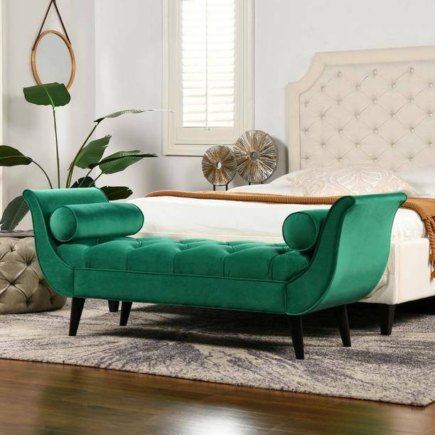 TFS Tufted Cordelia Bench with two round bolster pillow Solid Wood Settee