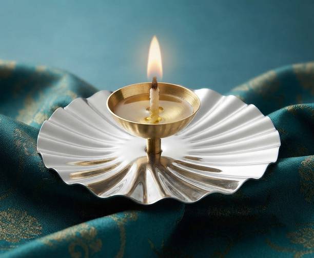 divinevisions Diya Elegant Silver Plated Base Brass Diya for Home Temple Decoration Aluminium, Brass Table Diya