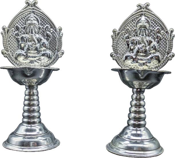 Varalakshmi Ganesha Deepam Made of German Silver for Pooja Silver Plated (Pack of 2) Table Diya Set