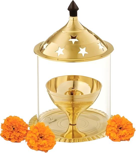 Misty Twenty Twenty Medium Akhand jyoti Deepak Molded Brass, Borosilicate Glass Table Diya Set