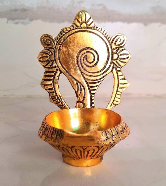 BattlePoint Shanku Chakra Kuber Diya for Pooja Metal Deepam Oil lamp for Good Luck Aluminium Table Diya