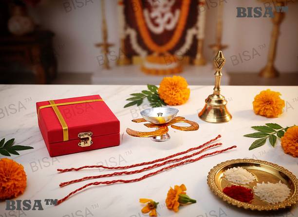 bisa Luxury Boxed Metal Om Diya Lamp 3 red kalava threads (mauli) for Pooja & Gifting Silver Table Diya