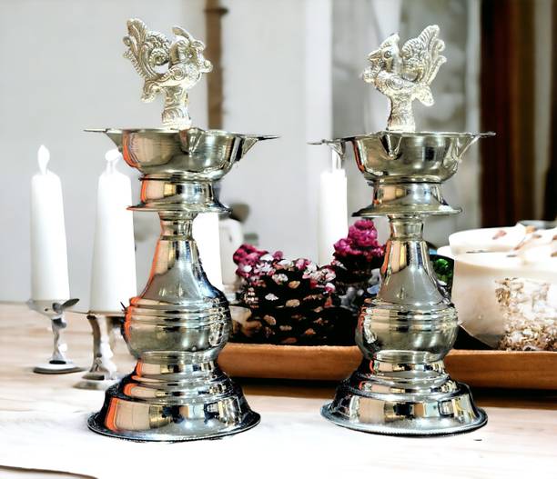 Sigaram 8 X 3.5 Inch Diya Made By Pure German Silver For Home Pooja Decor K3135 Silver Plated (Pack of 2) Table Diya