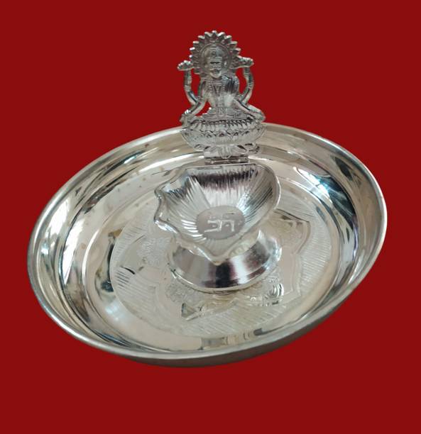 SujArta Diya Set, Lakshmi Diya / Deepam & 5.5 inch Thali, Premium Silver Plated Silver Plated (Pack of 2) Table Diya Set