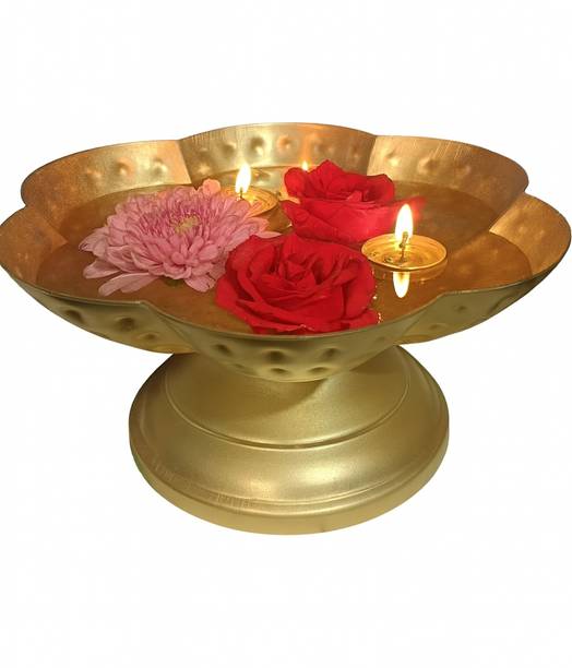JDExport Metal Urli Bowl with Base (6 Inch, Gold) for Floating Flowers & Tealight Iron Table Diya