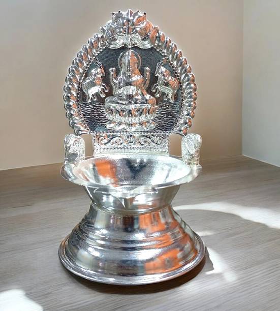 Sigaram 5.5 Inch German Silver Kamakshi Diya / Gaja Lakshmi Diya for Home Pooja K4658 Silver Plated Table Diya