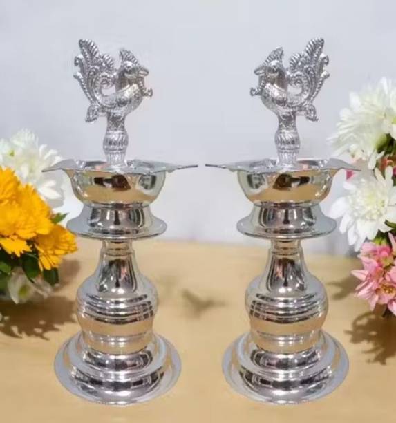 IAE Germen Silver Peacock Handle Diya For Pooja Germen Silver Diyas for Pooja Room Silver Plated (Pack of 2) Table Diya Set
