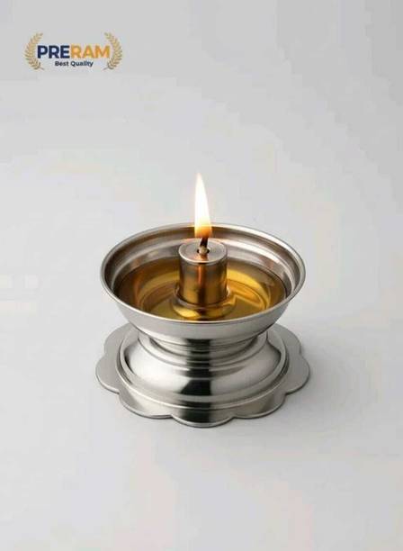 Preram Silver Plated Stainless Steel Akhand Diya Without Cover Steel Table Diya