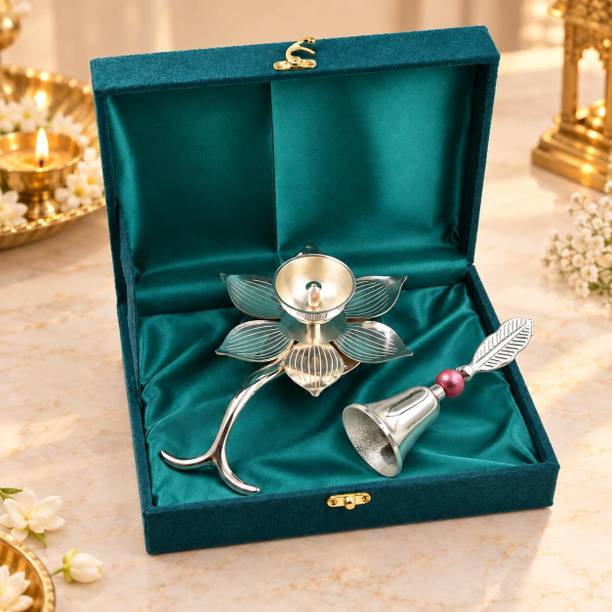 CraftVatika Silver Plated Lotus Diya with Pooja Bell Gift Set in Premium Velvet Box Aluminium Table Diya