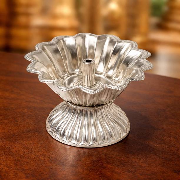 Abhiksha Creations German Silver Plated Lotus Flower Diya Silver Plated Table Diya
