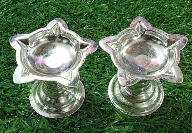 G K Exclusive Latest German Silver Panchamuki Diya Stand Pair(2.2x1.8, Dia-2.5 inches) Silver Plated (Pack of 2) Table Diya Set