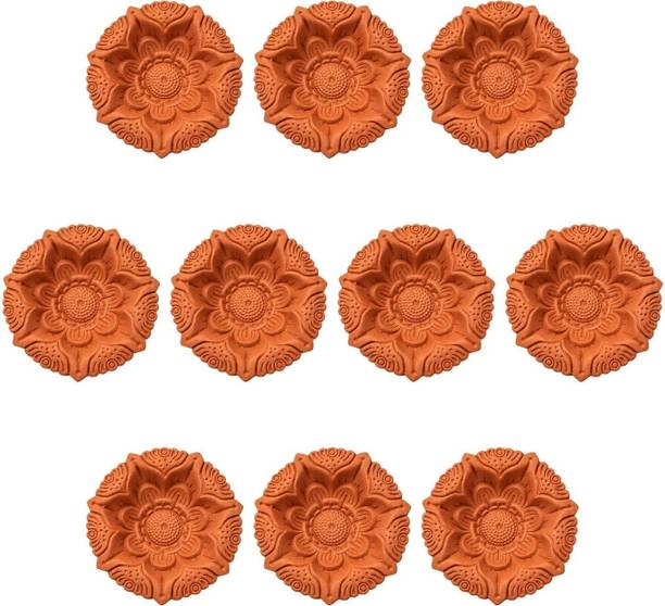 Chinove 10 handmade 3 inch terracotta clay diyas, Lotus Bloom, natural unpainted finish Terracotta (Pack of 10) Table Diya Set