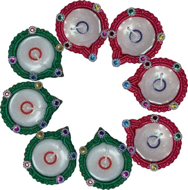 Privana Collections Handcrafted Decorative Wax Diyas – Perfect for Diwali & Pooja Decor Earthenware (Pack of 8) Table Diya Set