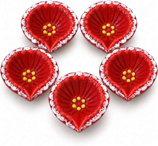 vibevista Handcrafted Terracotta Clay Designer Diya Set of 5 with Baati for Puja & Diwali Terracotta (Pack of 5) Table Diya Set