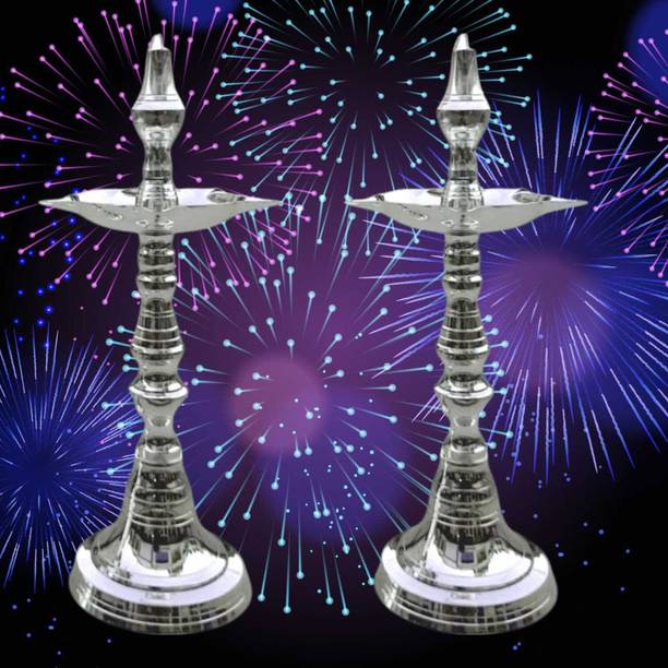 Effigy Onlinehub Silver Plated Brass Diya,Lamp,Deepam for Home,Traditional Kerala Kashi Pack 2 Brass, Silver Plated (Pack of 2) Table Diya Set