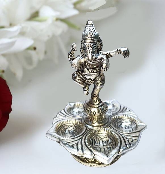 Denique Metal Dancing Ganesha Over Ethnic Legs Five Oil Wick Diya Panch Mukhi Deep Aluminium Table Diya