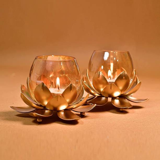Auslese Metal Lotus Glass Tealight Candle Holder Set Brass (Pack of 2) Table Diya Set