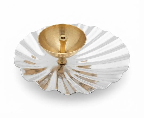 divinevisions Diya Flower Design Silver Base Brass Bati Diya Holder for Festival Aluminium, Brass Table Diya