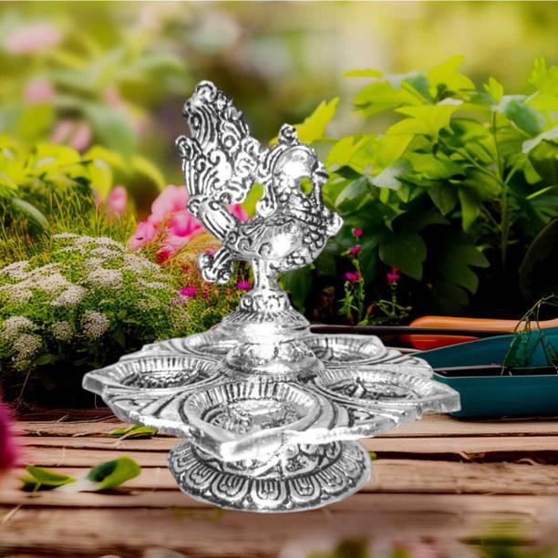 Effigy Onlinehub Metal Lotus Shaped Peacock Diya, 5 Oil Wick Diya Silver Plated Table Diya
