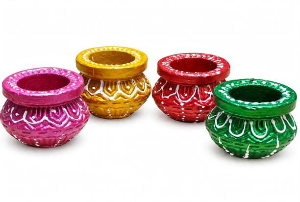 sudiksha Handmade 4 Pcs Mini Clay Matki Diya Set - | Diwali Decoration Diya for Home Terracotta (Pack of 4) Table Diya Set
