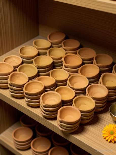 KESHU HANDICRAFT Handmade Mitti Diya/Earthen Clay Diya/ Diwali Tealight Oil Lamp for Pooja Earthenware (Pack of 21) Table Diya Set