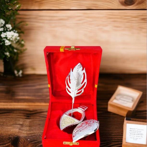 kunmetal Silver Conch Shell Shaped Roli Chawal Box with Tilak Stick | Religious Gift Set Iron Table Diya