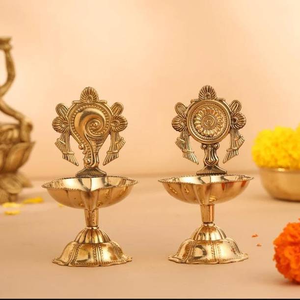 Gupangam Brass Shanku Chakra Kuber Diya, Deepam for Home Pooja Decor Brass (Pack of 2) Table Diya Set