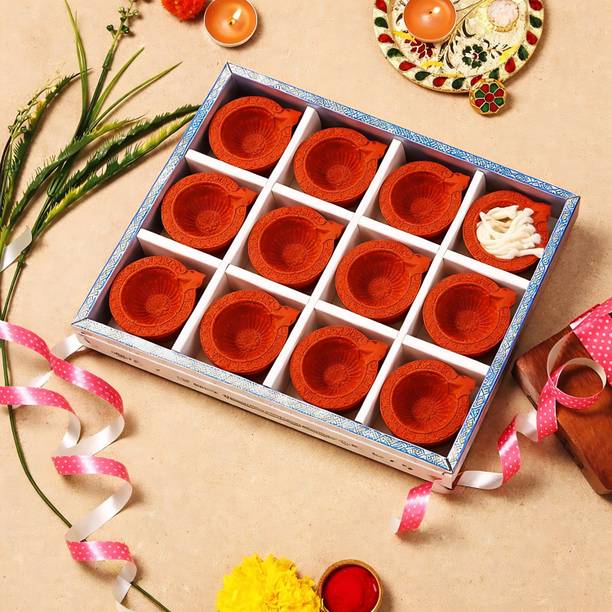 ARTYORA ARTYORA Clay 12 Diya Set for Diwali Festival Home Puja Decoration Decors Terracotta (Pack of 12) Table Diya Set