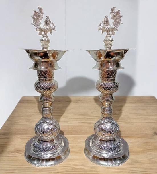 Sigaram 17 Inch Diya Made By Pure German Silver For Home Pooja Decore K4490 Silver Plated (Pack of 2) Table Diya Set
