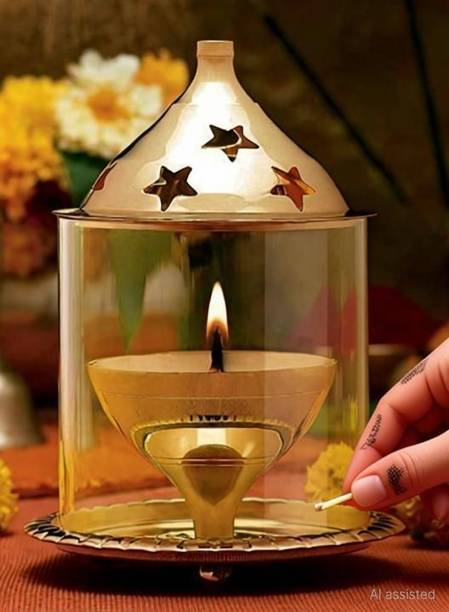 Ein Sof 8 Inch Akhand Diya Decorative Brass & Cylinderical Glass Diya (Gold and White) Brass Table Diya