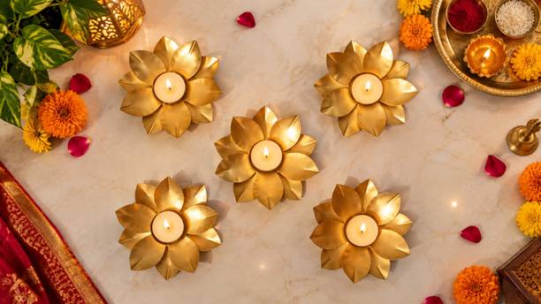 DECOCRAFTO Golden Metal Flower Diya Set of 5 for Mandir & Home Decor Iron (Pack of 5) Table Diya