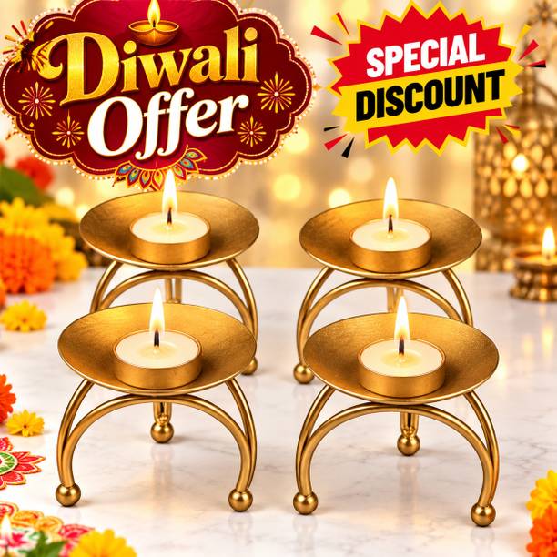 TerrTwill Diwali Golden Metal Tealight Candle Holder Set of 4 Iron (Pack of 4) Table Diya Set