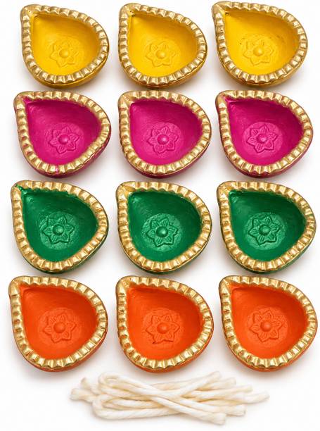 Sanskriti Multicolor Decorative Clay Diya – Pack of 12 with Batti Terracotta (Pack of 12) Table Diya Set
