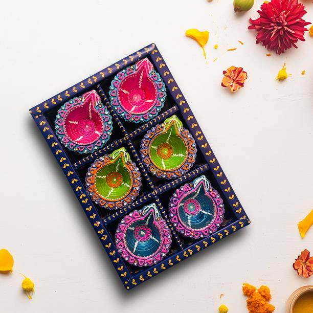 Kreyam's Designer Diya For Diwali Pooja set 6 Earthenware (Pack of 6) Table Diya Set