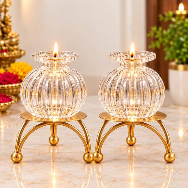 parth Modak Glass Diya with Metal Stand Pack of 2 for Pooja Temple Home Decoration Glass (Pack of 2) Table Diya