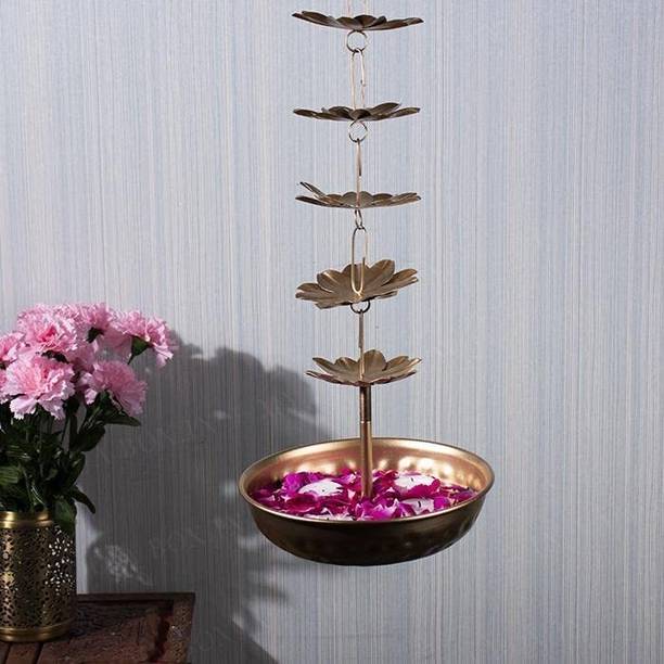 AYMH Metal Urli with Leafs On The Edges Cum Anjali Diya in Gold Leafing Iron Hanging Diya