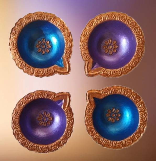 JayDeep Arts Exclusive Hand-Painted Designer Diya for Diwali | Gifting | Festive | Clay Terracotta (Pack of 4) Table Diya Set