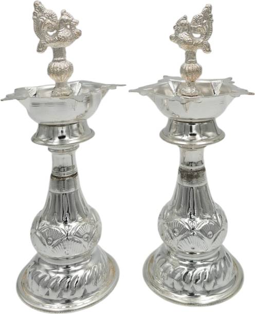 Bleaf German Silver Standing Deepam Lamp (7x23 cm, 445g) Silver Plated (Pack of 2) Table Diya Set