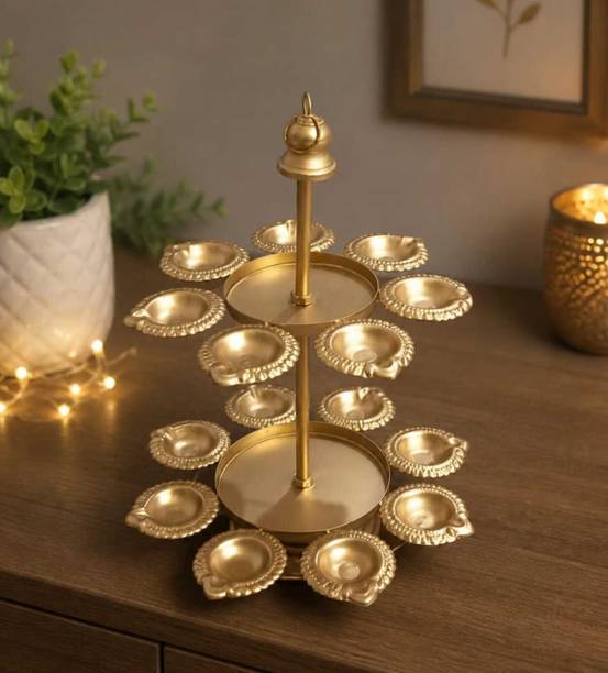 OPULENT GALLERY Diya Urli Set 2 Layer (14x10 Inch) | 15 Oil Lamps Holder Iron Table Diya Set