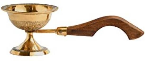 Alodie Brass Sambrani Stand &amp; Loban Dhoop Dani Burner with Wooden Handle(Size9.5x4x2.9) Brass Table Diya