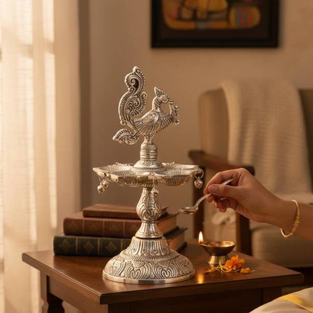 KridayKraft Metal Peacock Diya Samai Oil Lamp, Silver Finish Aluminium Table Diya