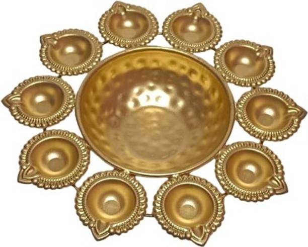 TRN HANDICRAFTS Golden Decorative Metal Diya Traditional Lotus Urli Bowl Iron Table Diya