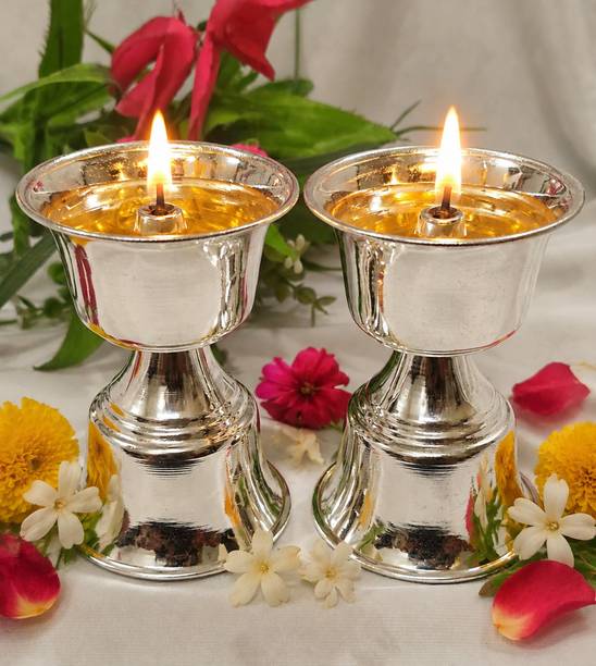 Samukkaras Fashion Samukkaras Pure German Single Face Kuthuvilakku set for Pooja Room Silver (Pack of 2) Table Diya Set