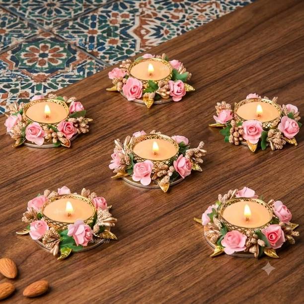 Plusbeauty Decorative Floral Tea Light Candle Holder Set Pink Rose Diwali Home Decor Iron (Pack of 5) Table Diya Set