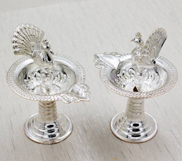 Ojas PEACOCK SAMAI(S) Copper, Brass, Silver Plated (Pack of 2) Table Diya Set