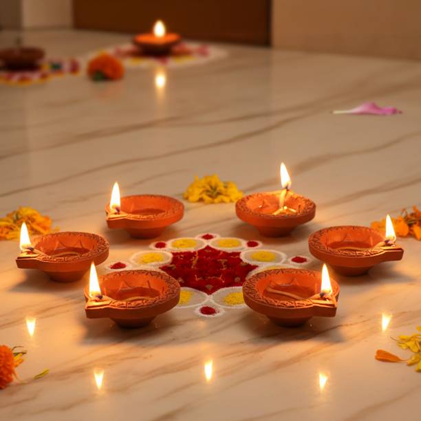 Cycle Pure Floral Designer Mitti Diya – Pack of 6 | 100% Pure Clay Oil Lamps for Puja Terracotta (Pack of 6) Table Diya Set