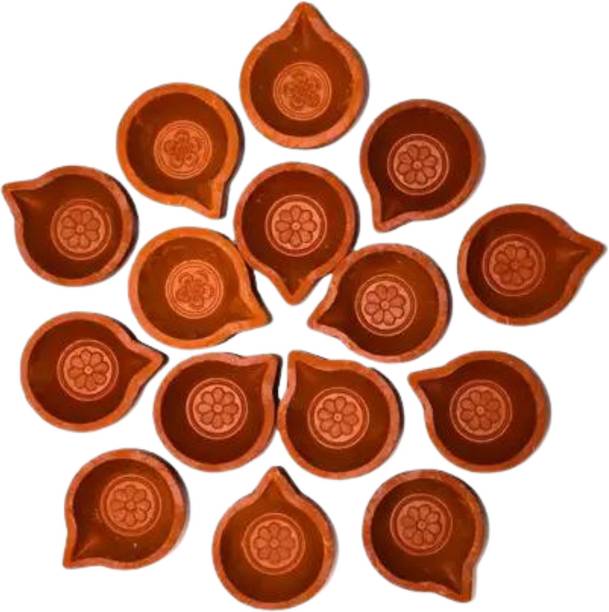 CARTOL Cartol Handmade Clay Diya with Wicks Terracotta (Pack of 12) Table Diya Set