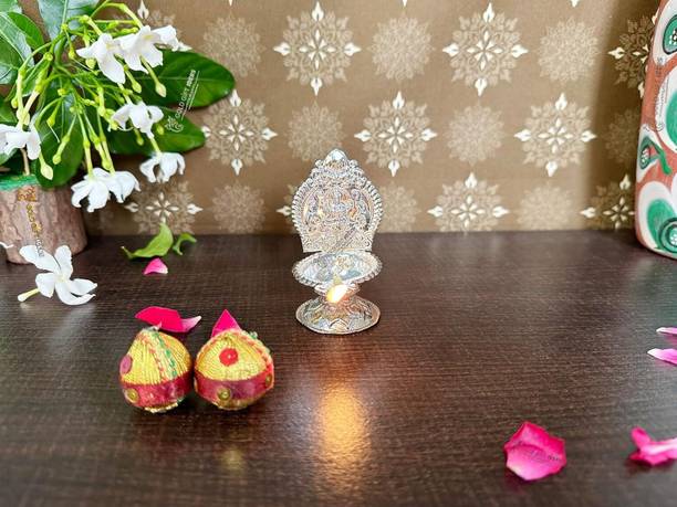GoldGiftIdeas Decorative Kamakshi Lakshmi Diya for Home Silver Plated Table Diya